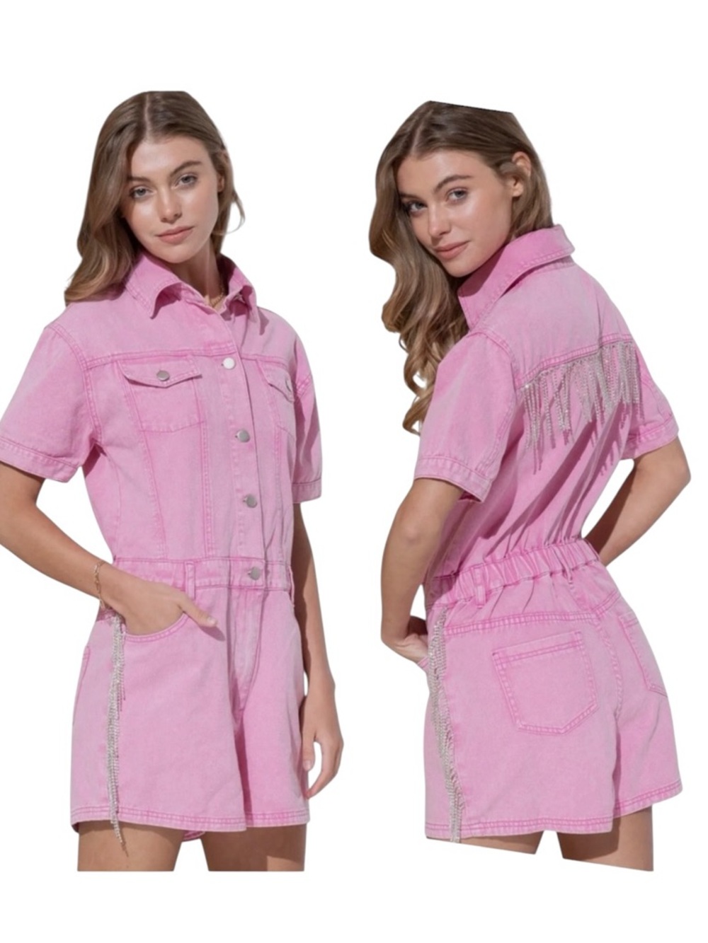 NEW blue b Light Pink Washed Rhinestone Fringe Back & Side Denim Jean Romper